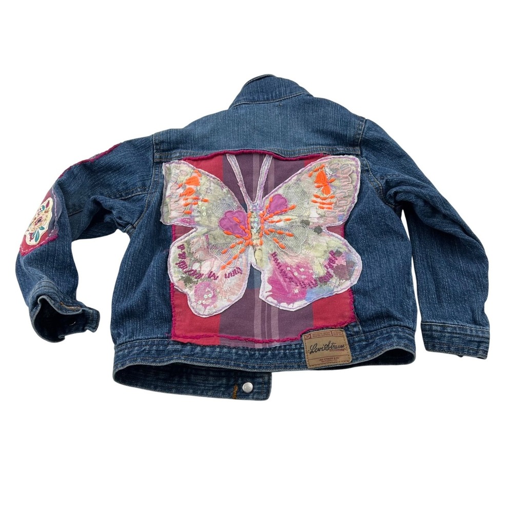 Levi's Girls‎ size 3T upcycled butterfly Jean Jacket hand stitched embroidered
